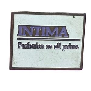 Vintage Intima Perfection On All Points Enamel Lapel Pin Purple White Rectangle